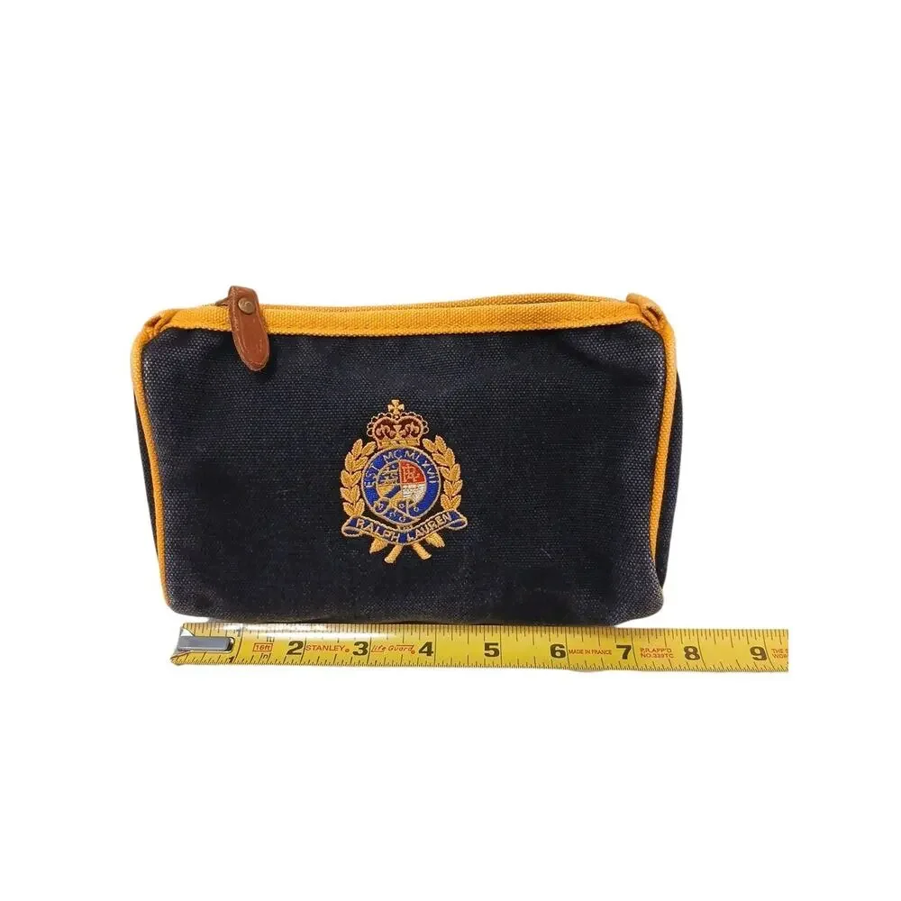 Vintage Ralph Lauren Zip Clutch Cosmetic Bag Gold Crest 7” Black Gold Embroidery